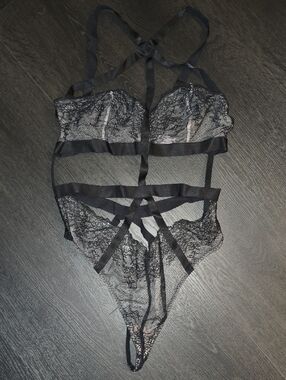 Victoria's Secret Black Lace Strappy Bodysuit